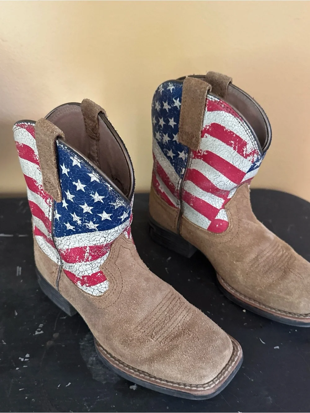 Kids Brown Suede Ariat Cowboy Boots with American Flag Shaft
